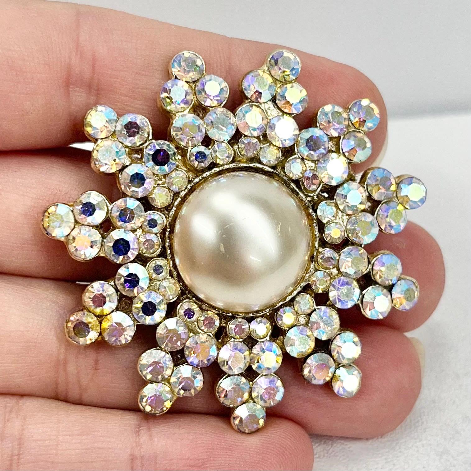 Vintage Huge Gold Tone Brooch Large Aurora Borealis Crystal Flower Design with Pearl Centre Contempory Costume Jewellery Statement Piece TheGreenGlassGemShop