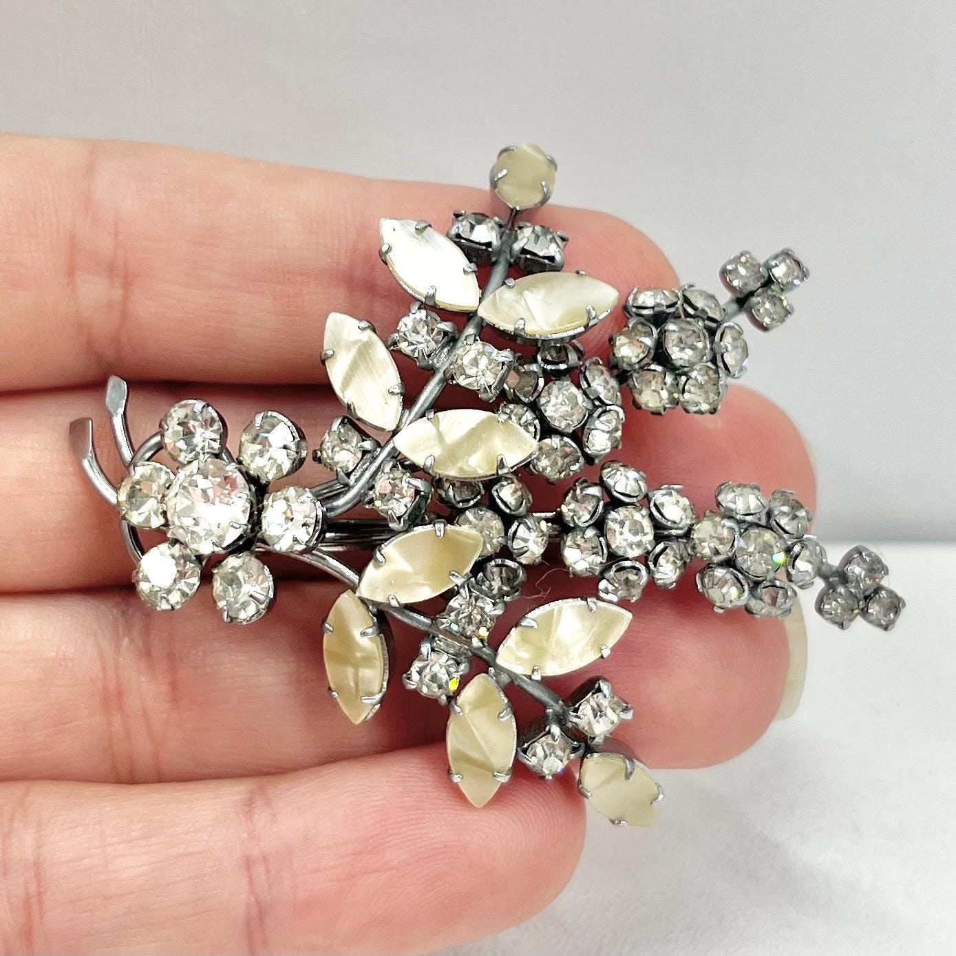 Vintage Mother of Pearl Effect and Crystal Floral Leaf Spray Brooch Silver Tone Latge Design TheGreenGlassGemShop