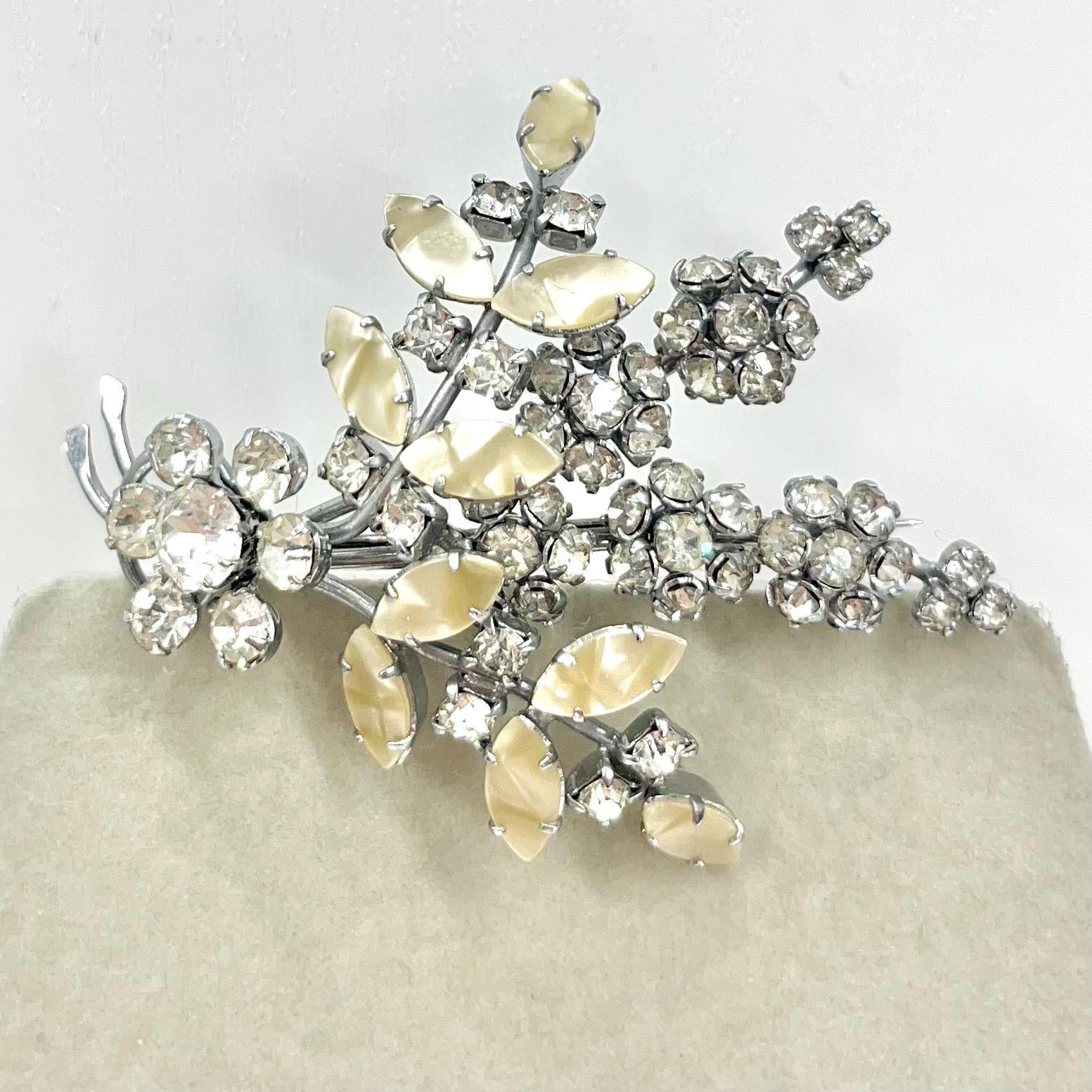 Vintage Mother of Pearl Effect and Crystal Floral Leaf Spray Brooch Silver Tone Latge Design TheGreenGlassGemShop