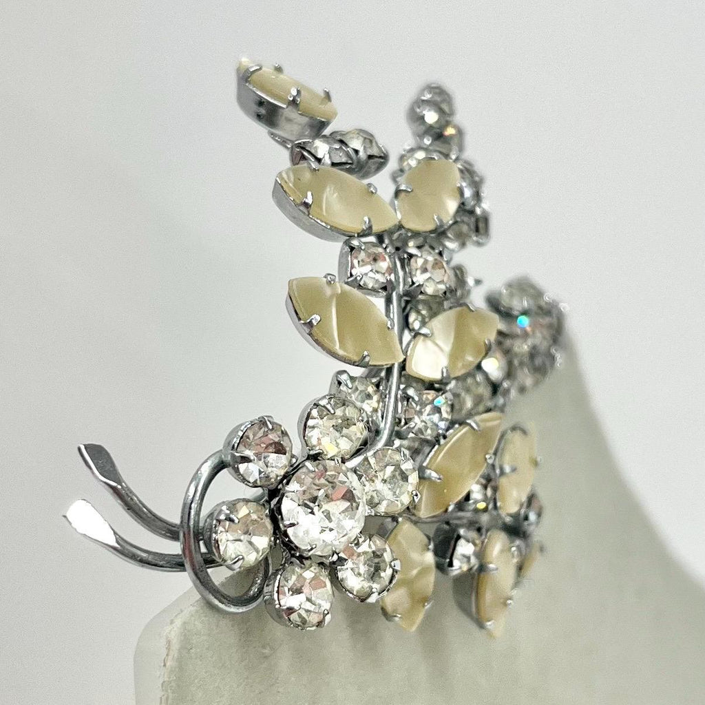 Vintage Mother of Pearl Effect and Crystal Floral Leaf Spray Brooch Silver Tone Latge Design TheGreenGlassGemShop