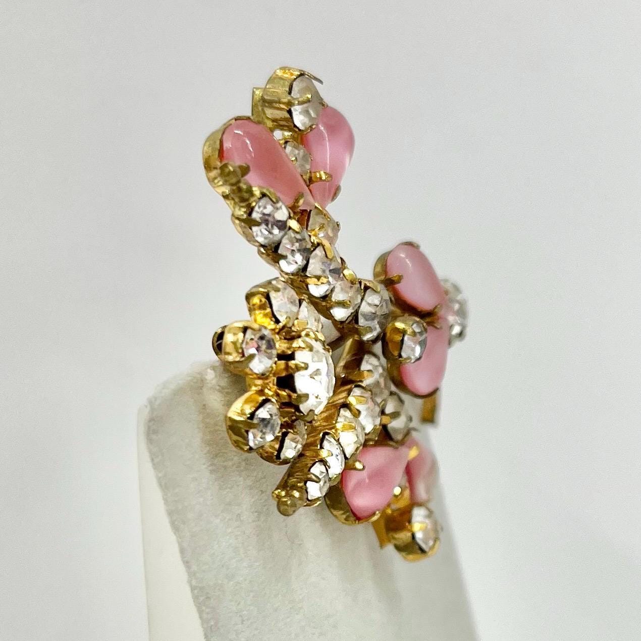 Vintage Pink Glass Cabochon and Crystal Floral Leaf Spray Brooch Gold Tone Latge Design TheGreenGlassGemShop