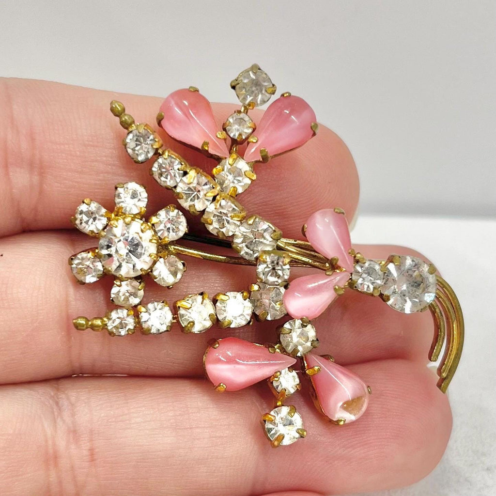 Vintage Pink Glass Cabochon and Crystal Floral Leaf Spray Brooch Gold Tone Latge Design TheGreenGlassGemShop