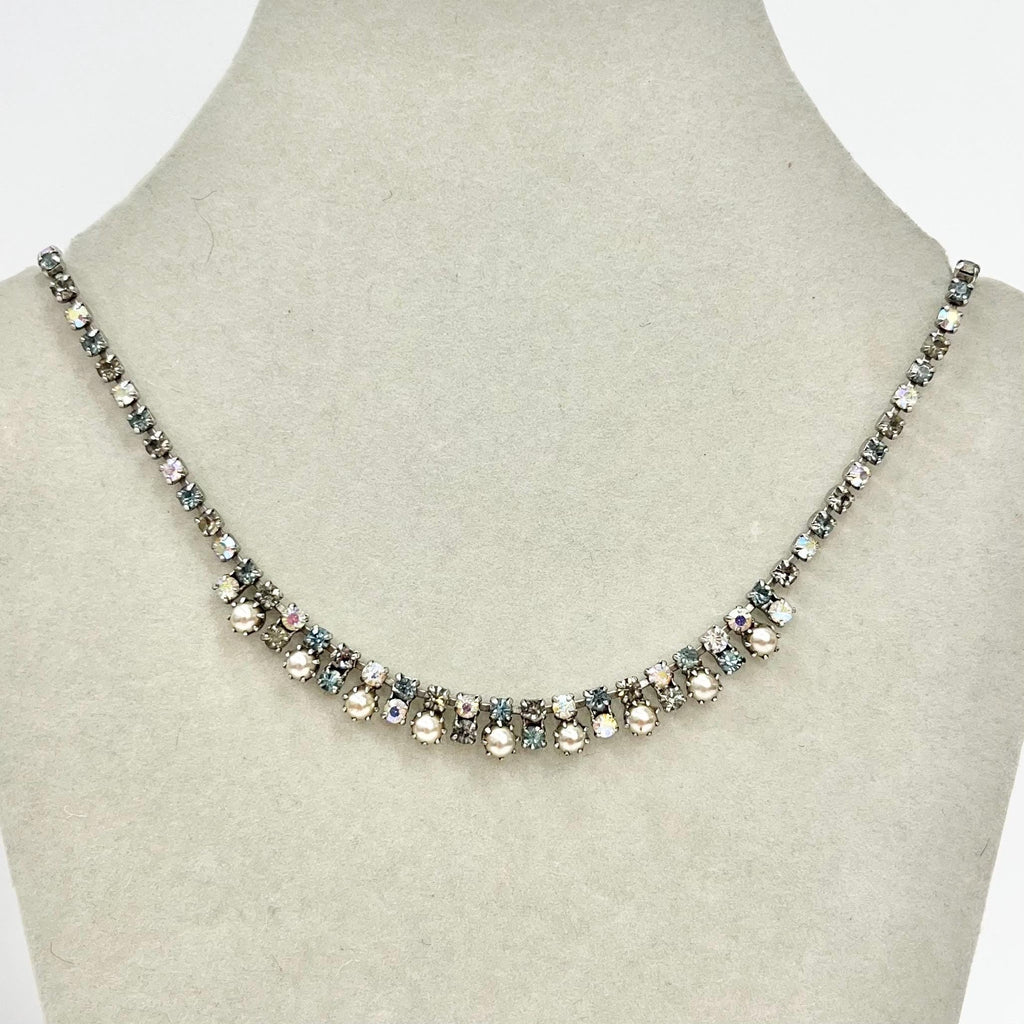 Vintage Silver Tone Dainty Faux Pearl Droplet Necklace with Aurora Borealis Crystals 1960’s Beautiful Lightest Blue Champagne Tones TheGreenGlassGemShop