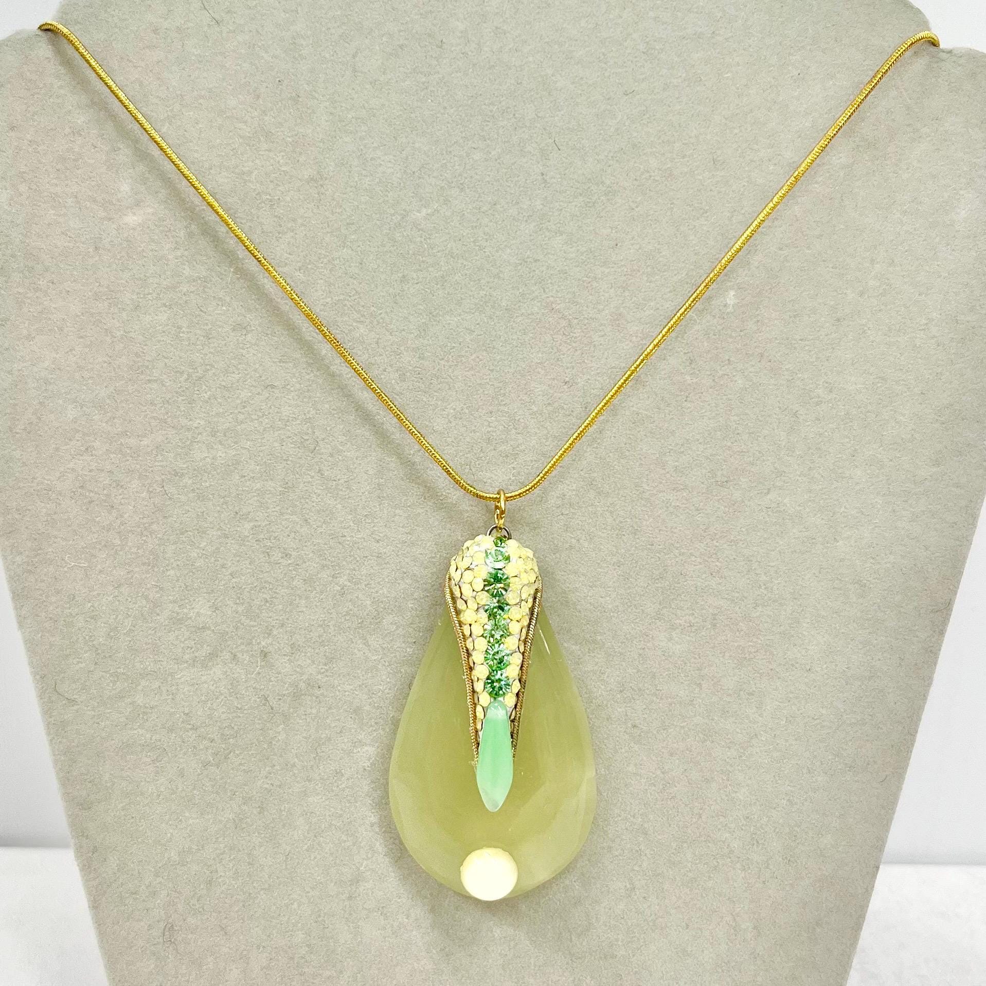 Large Semi Precious Teardrop Pendant and Chain with Vintage Uranium Swarovski Crystal Elements UV Reactive Glow 17” Chain TheGreenGlassGemShop