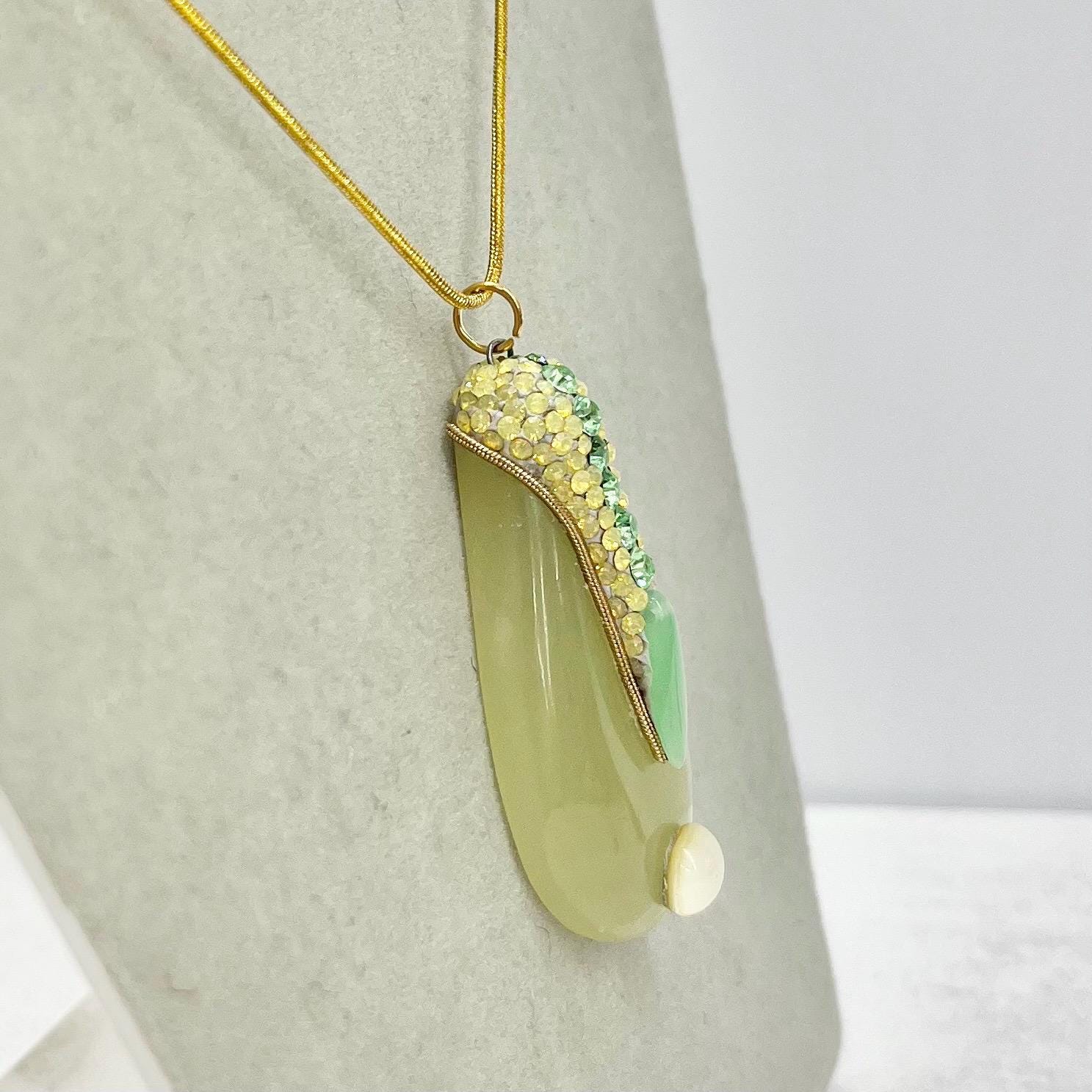Large Semi Precious Teardrop Pendant and Chain with Vintage Uranium Swarovski Crystal Elements UV Reactive Glow 17” Chain TheGreenGlassGemShop