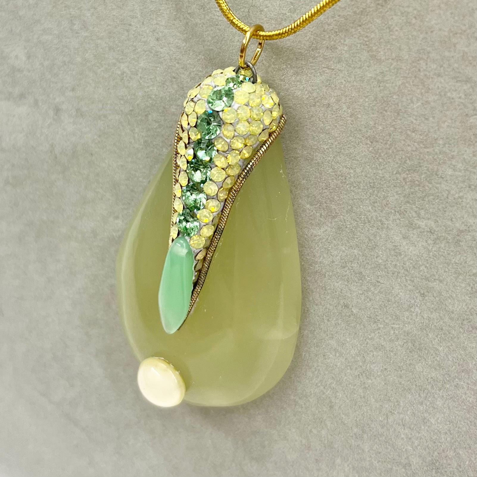 Large Semi Precious Teardrop Pendant and Chain with Vintage Uranium Swarovski Crystal Elements UV Reactive Glow 17” Chain TheGreenGlassGemShop