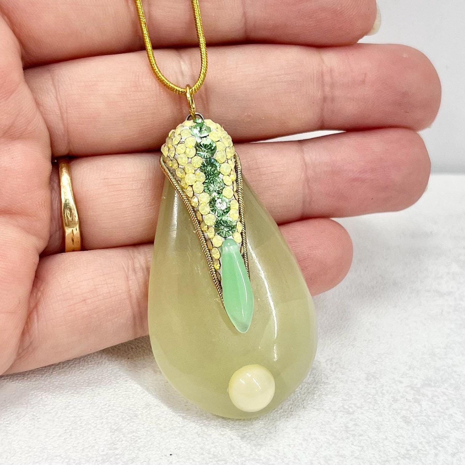 Large Semi Precious Teardrop Pendant and Chain with Vintage Uranium Swarovski Crystal Elements UV Reactive Glow 17” Chain TheGreenGlassGemShop