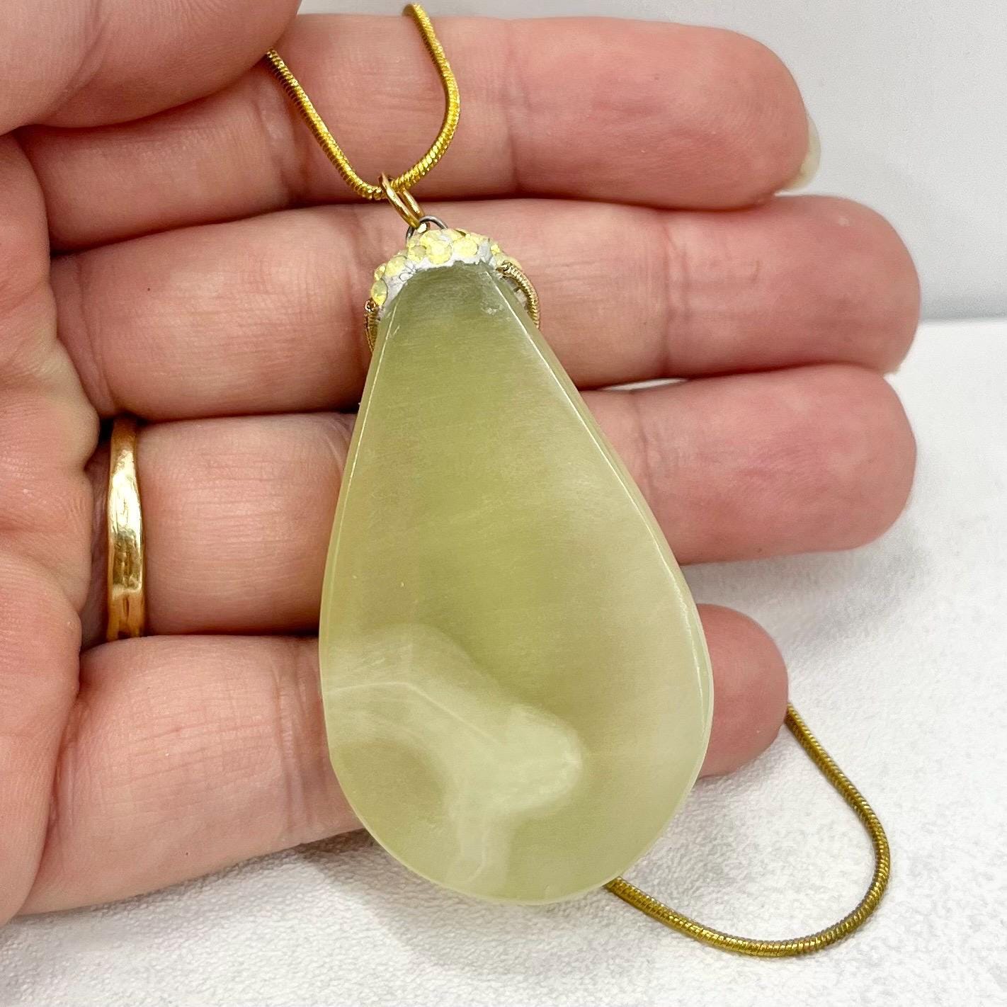Large Semi Precious Teardrop Pendant and Chain with Vintage Uranium Swarovski Crystal Elements UV Reactive Glow 17” Chain TheGreenGlassGemShop