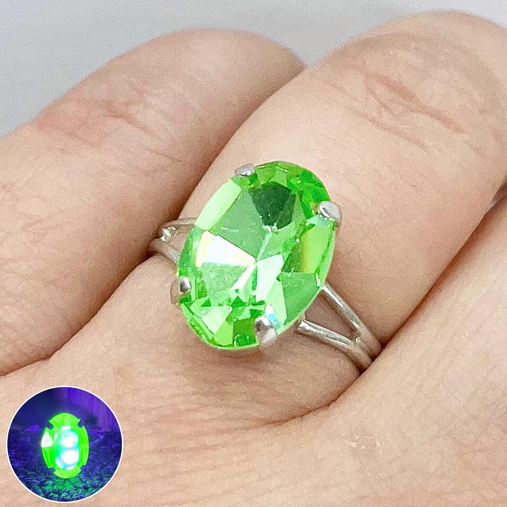Silver Plate Green Uranium Glass Oval Cut Crystal Solitaire Ring with a UV Reactive Glow Adjustable Size TheGreenGlassGemShop