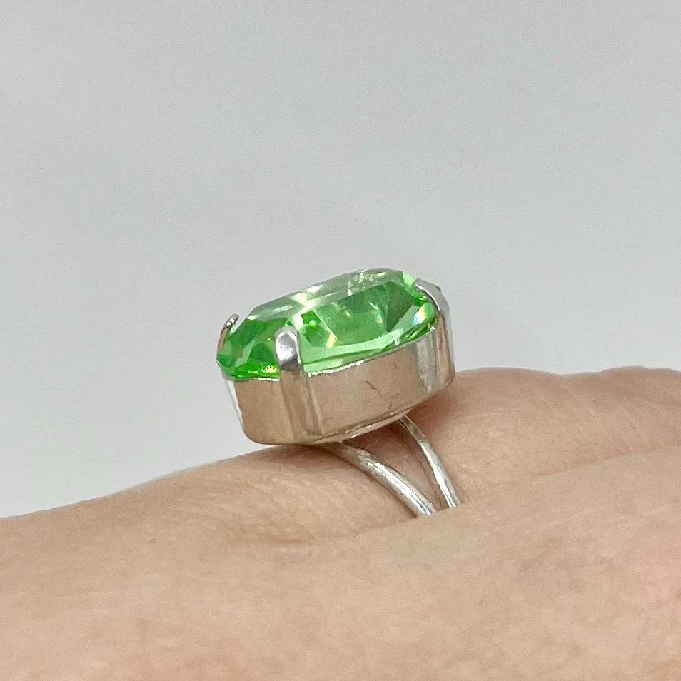 Silver Plate Green Uranium Glass Oval Cut Crystal Solitaire Ring with a UV Reactive Glow Adjustable Size TheGreenGlassGemShop