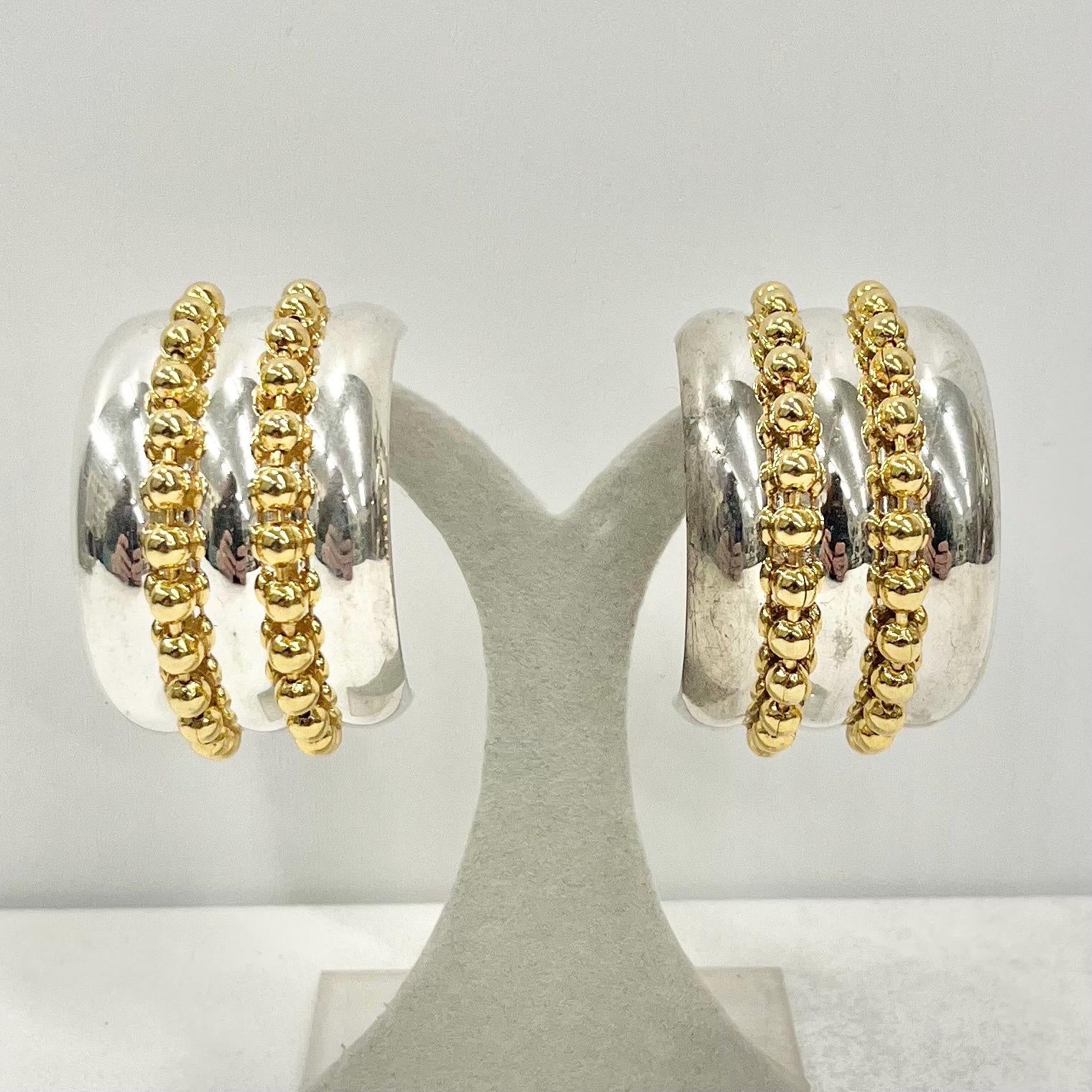 Vintage Gold & Silver Plate Oversized Half Hoop Clip On Earrings Hollywood Glamour Statement Earrings TheGreenGlassGemShop