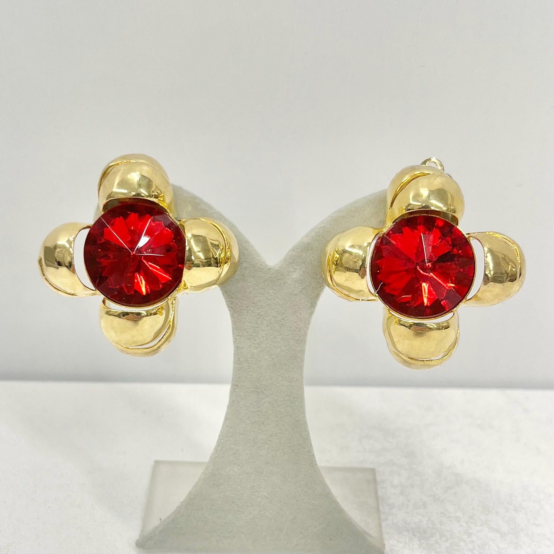Vintage Gold Plate Oversized Red Centered Flower Clip On Earrings Hollywood Glamour Statement Earrings TheGreenGlassGemShop