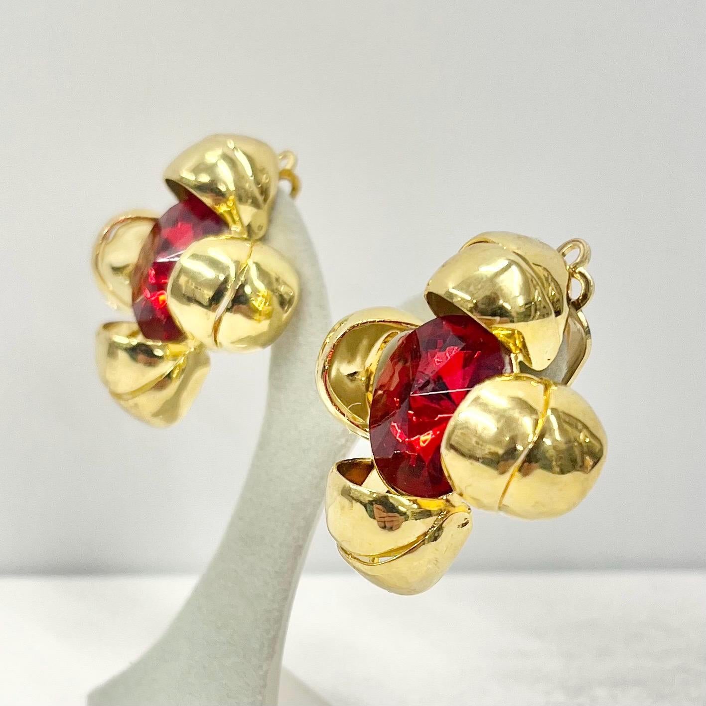 Vintage Gold Plate Oversized Red Centered Flower Clip On Earrings Hollywood Glamour Statement Earrings TheGreenGlassGemShop