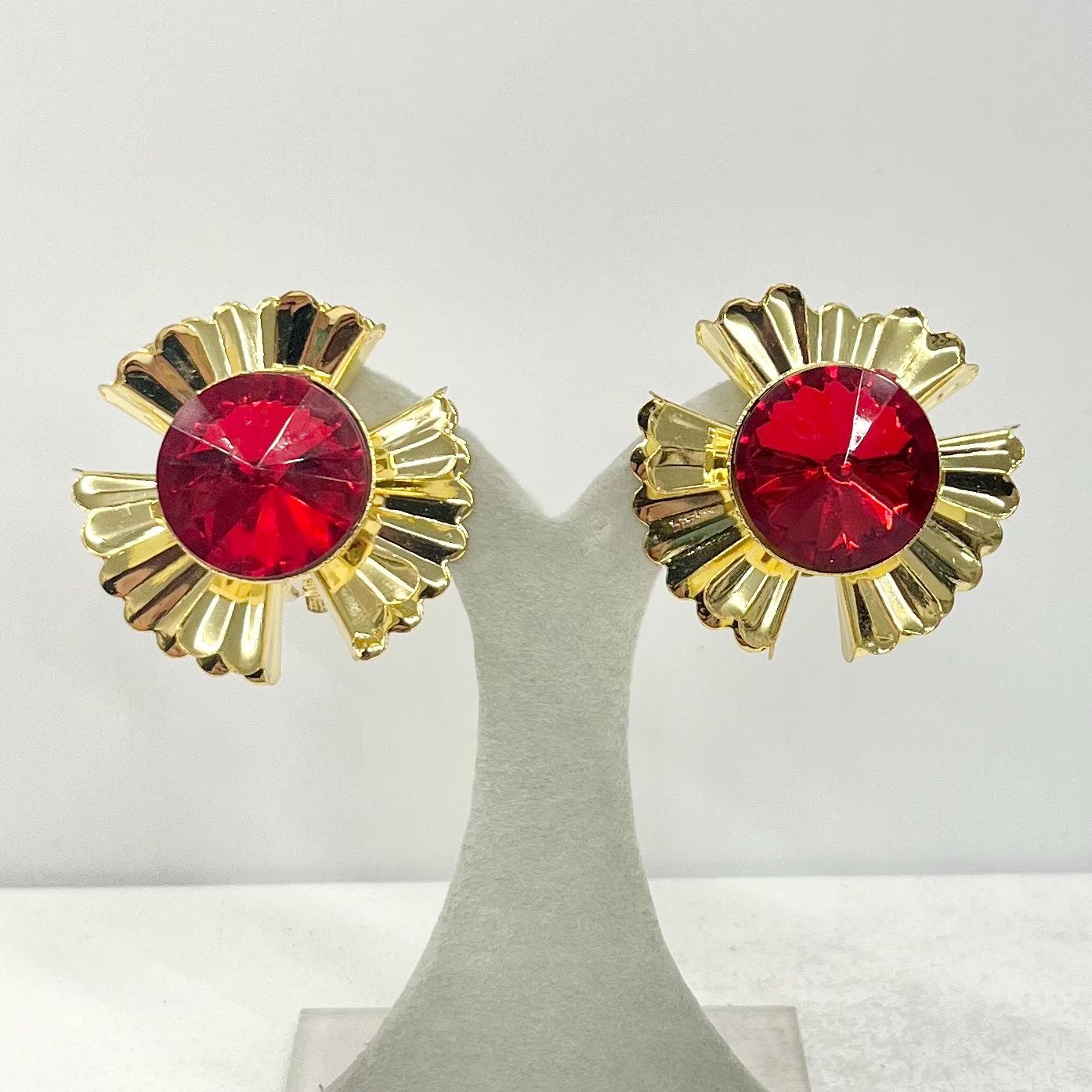 Vintage Gold Plate Oversized Red Centered Starburst Flower Clip On Earrings Hollywood Glamour Statement Earrings TheGreenGlassGemShop