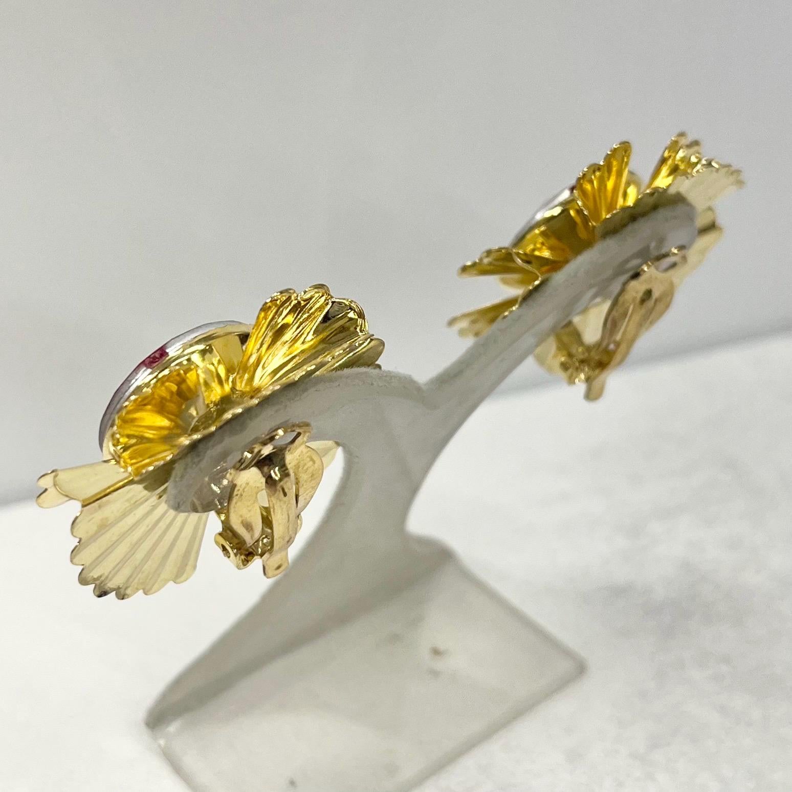 Vintage Gold Plate Oversized Red Centered Starburst Flower Clip On Earrings Hollywood Glamour Statement Earrings TheGreenGlassGemShop
