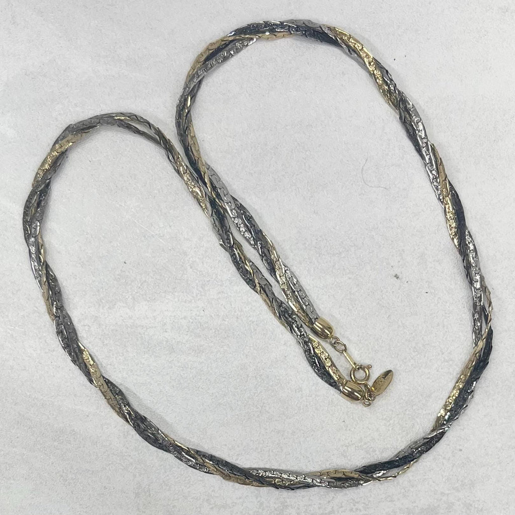 Vintage 24” Long Twisted Three Colour Gold Silver Pewter Three Strand 22ct Gold Plate Chain Necklace 1970’s - 1980’s Statement Power Chain TheGreenGlassGemShop