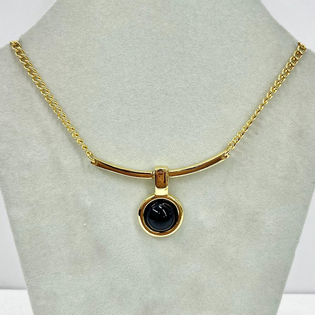 Vintage Gold Plate Black Glass Cabochon Drop Chain Necklace 1970’s - 1980’s Statement Power Chain TheGreenGlassGemShop