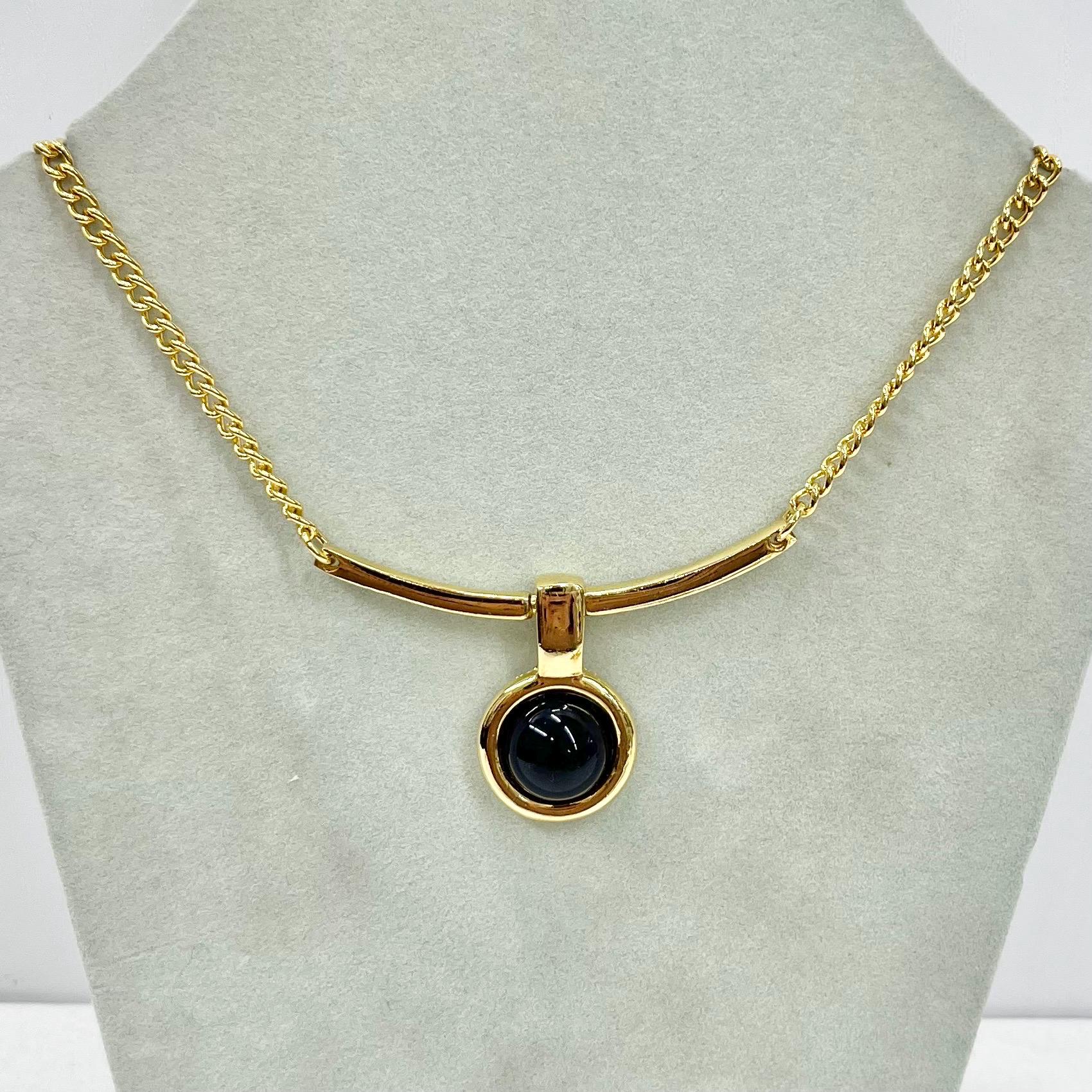 Vintage Gold Plate Black Glass Cabochon Drop Chain Necklace 1970’s - 1980’s Statement Power Chain TheGreenGlassGemShop