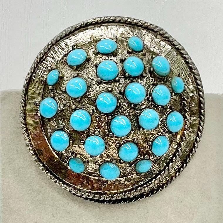 Vintage Large Turquoise Blue Glass Stone Brooch Silver Tone Domed Round TheGreenGlassGemShop