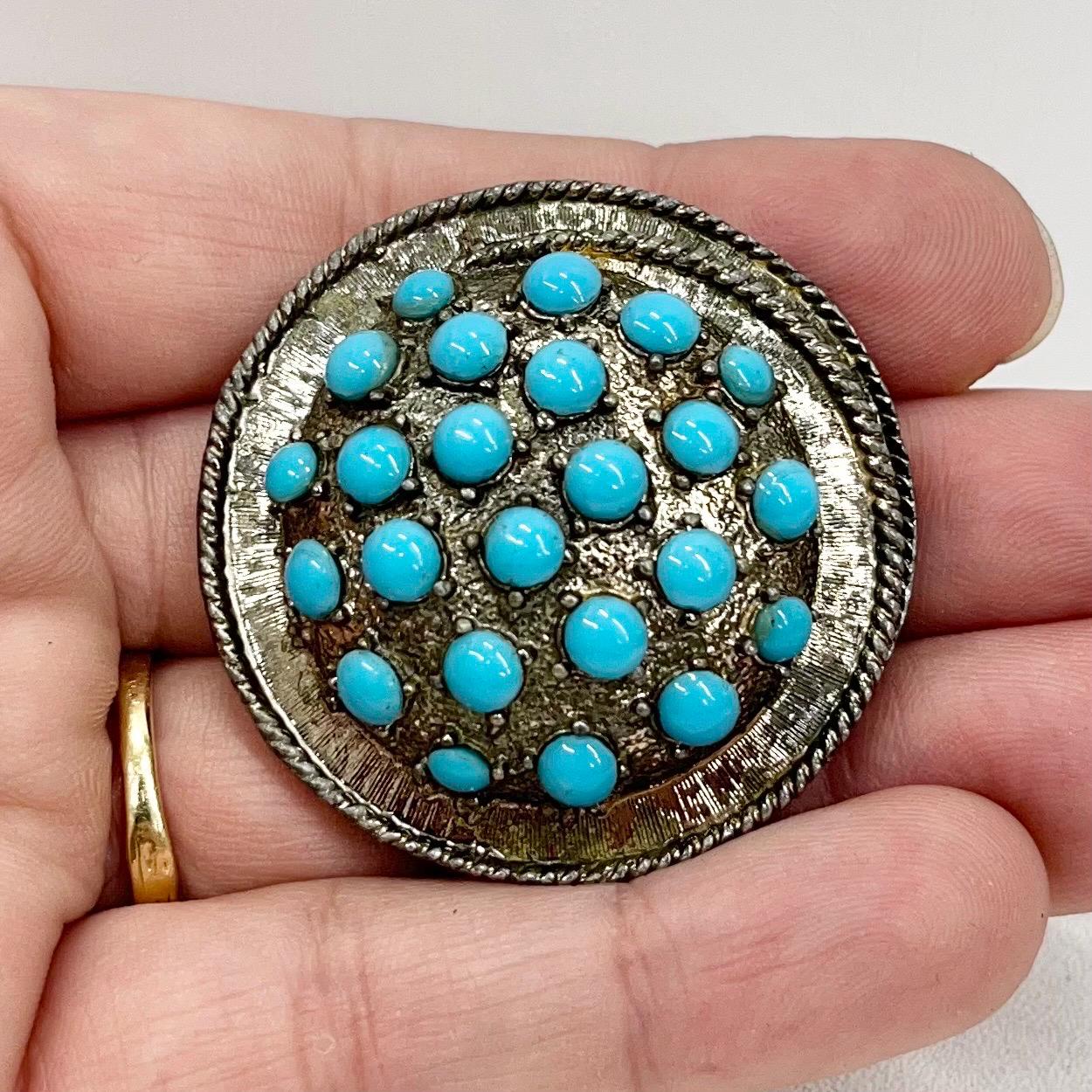 Vintage Large Turquoise Blue Glass Stone Brooch Silver Tone Domed Round TheGreenGlassGemShop