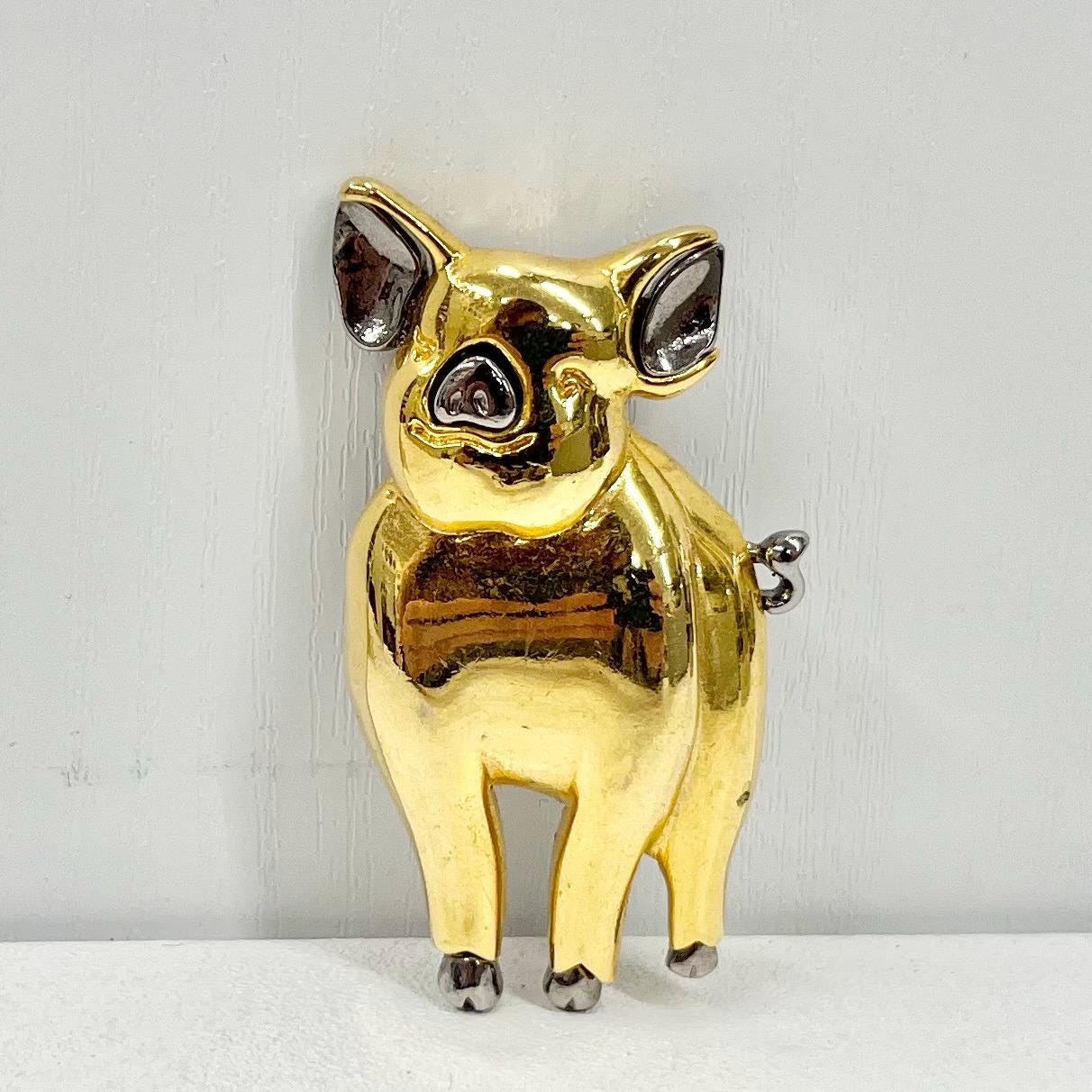 Vintage Liz Claiborne Gold Tone Piggy Pig Brooch with Silver Tond Accents Costume Jewellery Piece TheGreenGlassGemShop