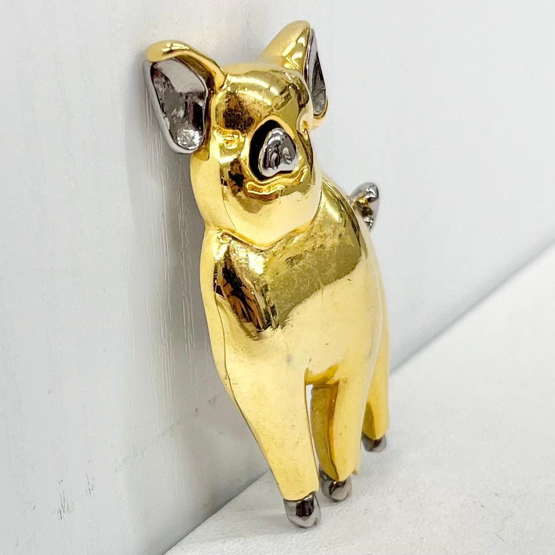 Vintage Liz Claiborne Gold Tone Piggy Pig Brooch with Silver Tond Accents Costume Jewellery Piece TheGreenGlassGemShop
