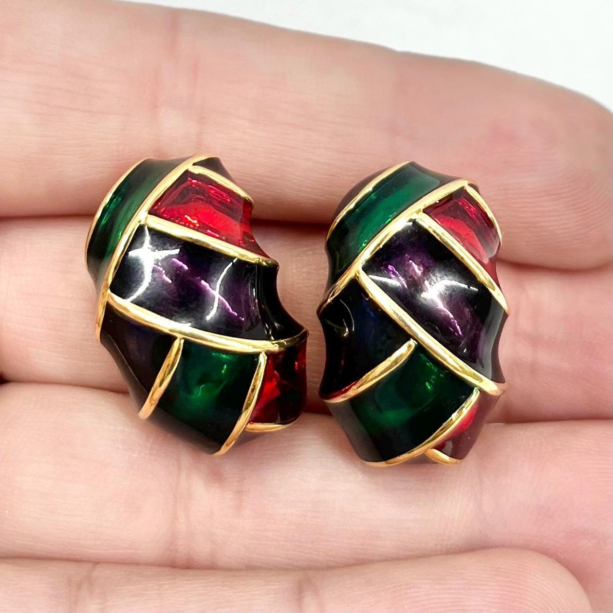 Vintage Enamel Half Hoop Clip On Earrings Green Red Purple Navy in a Gold Tone Setting 1980’s - 1990’s TheGreenGlassGemShop