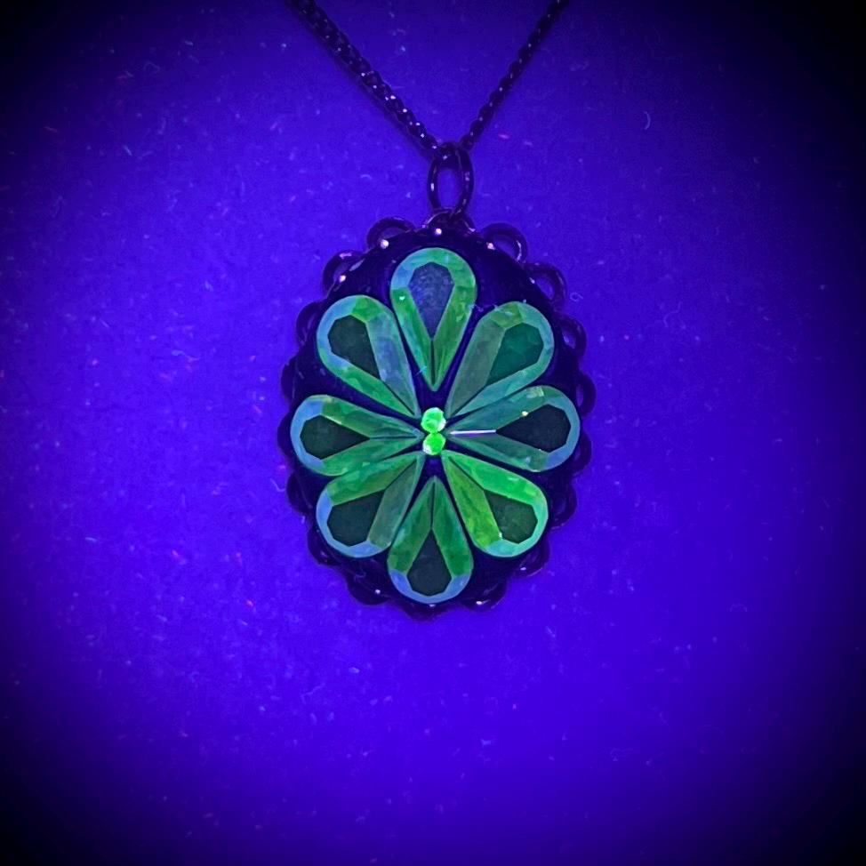 AB Green Uranium Crystal Pendant with Vintage Uranium Swarovski Crystal Elements in a Gold Tone Setting 18” Chain UV Reactive Glow TheGreenGlassGemShop