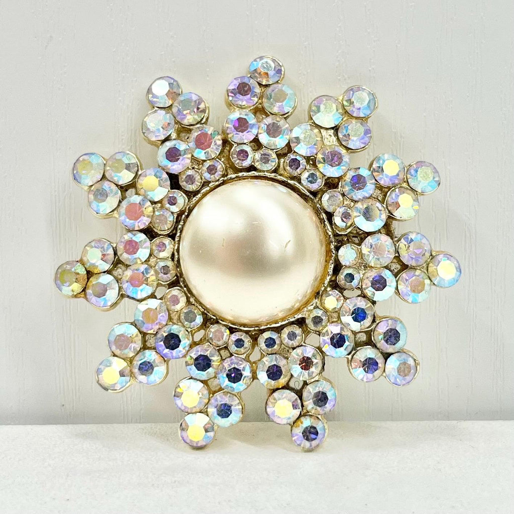 Vintage Huge Gold Tone Brooch Large Aurora Borealis Crystal Flower Design with Pearl Centre Contempory Costume Jewellery Statement Piece TheGreenGlassGemShop