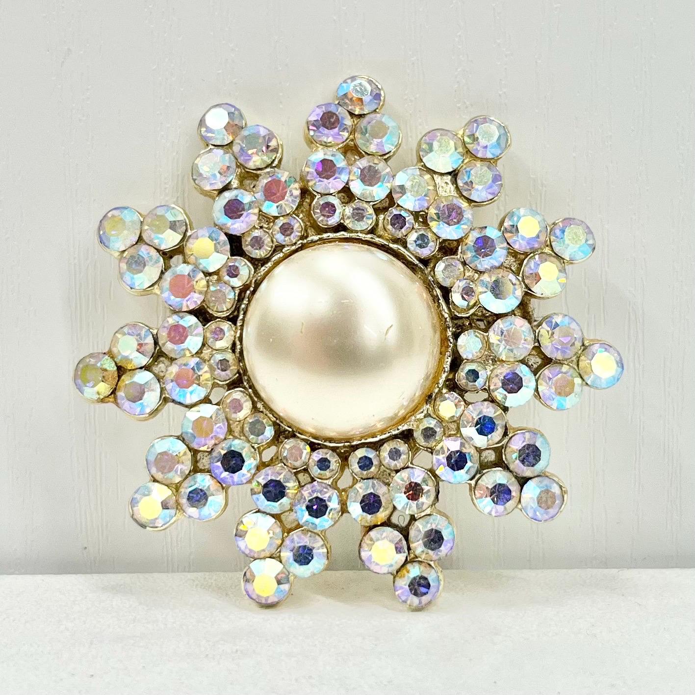 Vintage Huge Gold Tone Brooch Large Aurora Borealis Crystal Flower Design with Pearl Centre Contempory Costume Jewellery Statement Piece TheGreenGlassGemShop