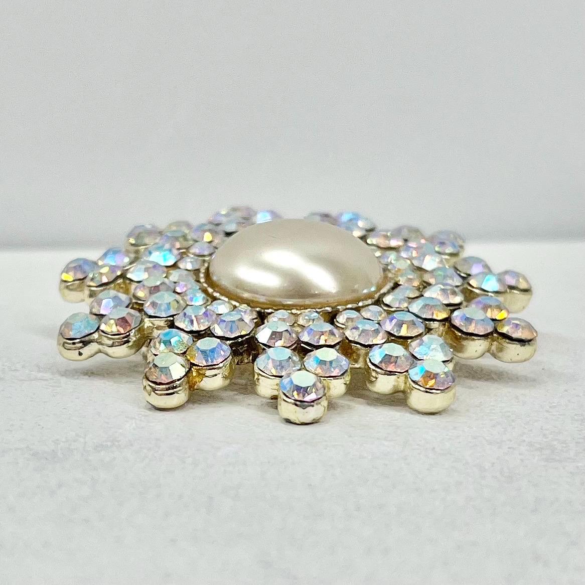 Vintage Huge Gold Tone Brooch Large Aurora Borealis Crystal Flower Design with Pearl Centre Contempory Costume Jewellery Statement Piece TheGreenGlassGemShop