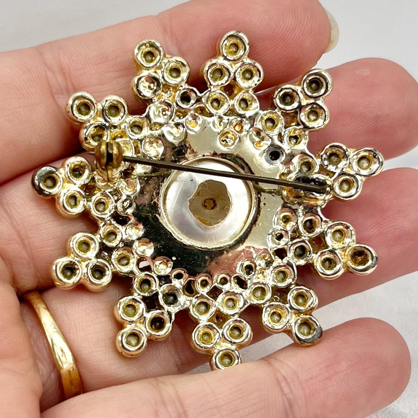 Vintage Huge Gold Tone Brooch Large Aurora Borealis Crystal Flower Design with Pearl Centre Contempory Costume Jewellery Statement Piece TheGreenGlassGemShop