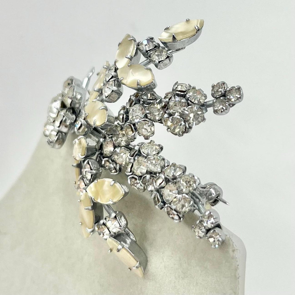 Vintage Mother of Pearl Effect and Crystal Floral Leaf Spray Brooch Silver Tone Latge Design TheGreenGlassGemShop