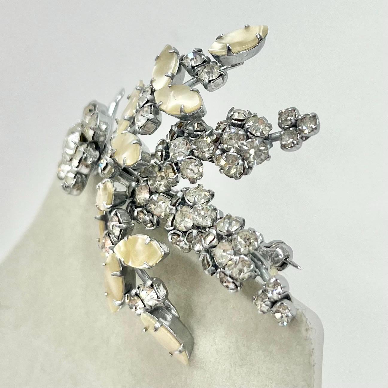 Vintage Mother of Pearl Effect and Crystal Floral Leaf Spray Brooch Silver Tone Latge Design TheGreenGlassGemShop