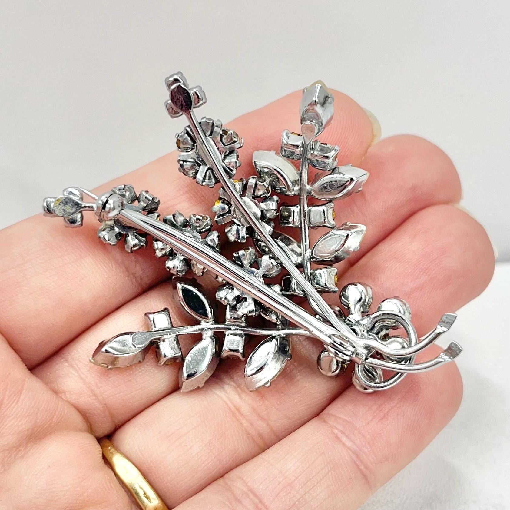 Vintage Mother of Pearl Effect and Crystal Floral Leaf Spray Brooch Silver Tone Latge Design TheGreenGlassGemShop