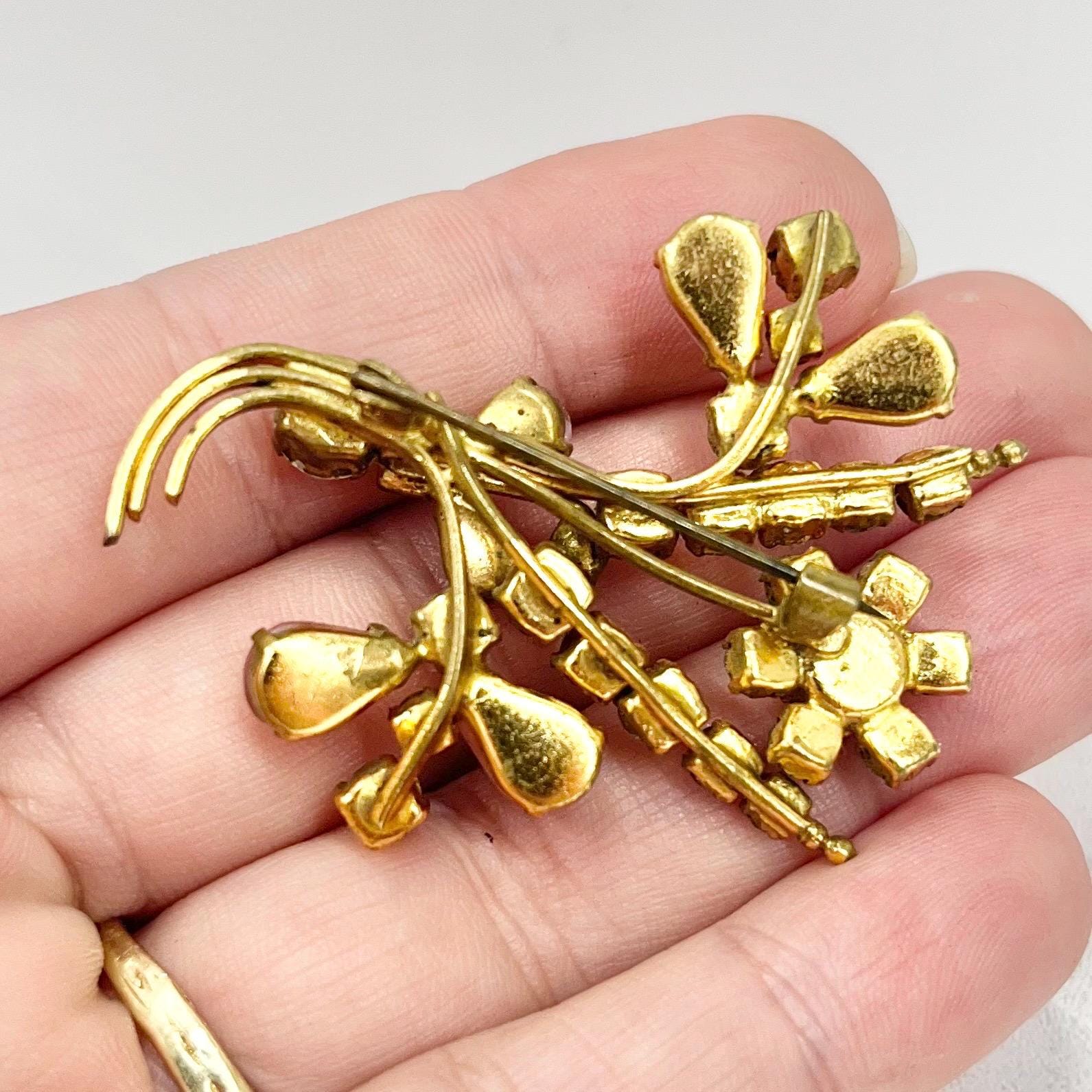 Vintage Pink Glass Cabochon and Crystal Floral Leaf Spray Brooch Gold Tone Latge Design TheGreenGlassGemShop