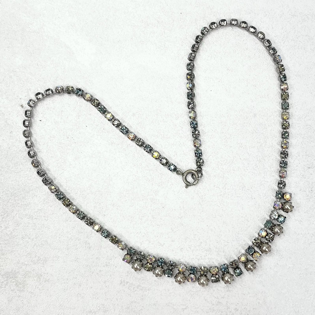 Vintage Silver Tone Dainty Faux Pearl Droplet Necklace with Aurora Borealis Crystals 1960’s Beautiful Lightest Blue Champagne Tones TheGreenGlassGemShop