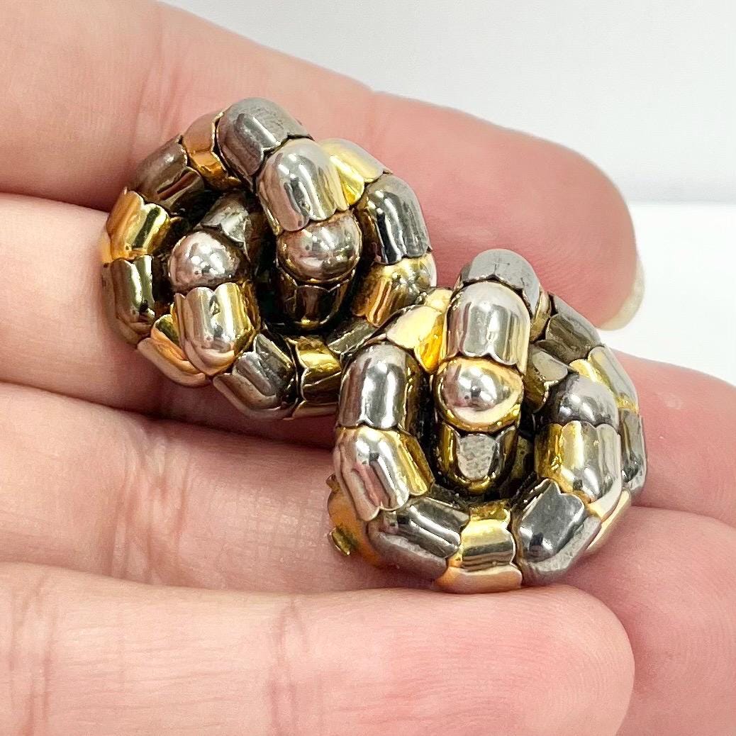 Vintage Gold Plate & Pewter Tone Twisted Knot Clip On Earrings Hollywood Glamour Statement Earrings TheGreenGlassGemShop