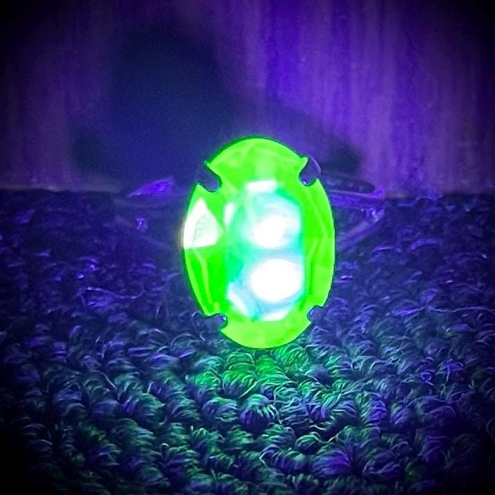 Silver Plate Green Uranium Glass Oval Cut Crystal Solitaire Ring with a UV Reactive Glow Adjustable Size TheGreenGlassGemShop