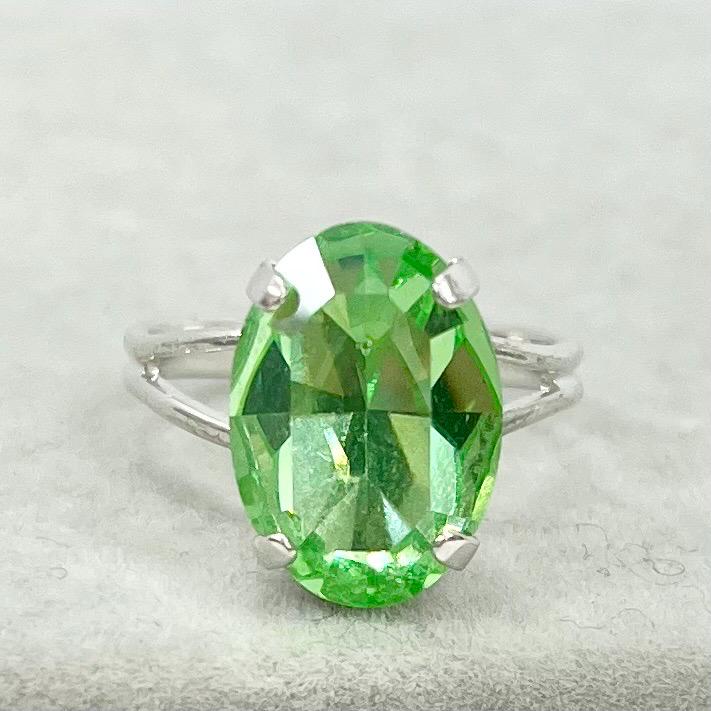 Silver Plate Green Uranium Glass Oval Cut Crystal Solitaire Ring with a UV Reactive Glow Adjustable Size TheGreenGlassGemShop