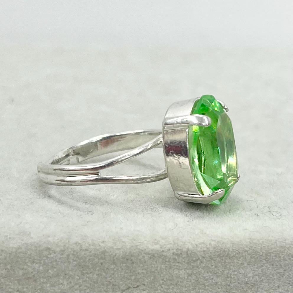 Silver Plate Green Uranium Glass Oval Cut Crystal Solitaire Ring with a UV Reactive Glow Adjustable Size TheGreenGlassGemShop