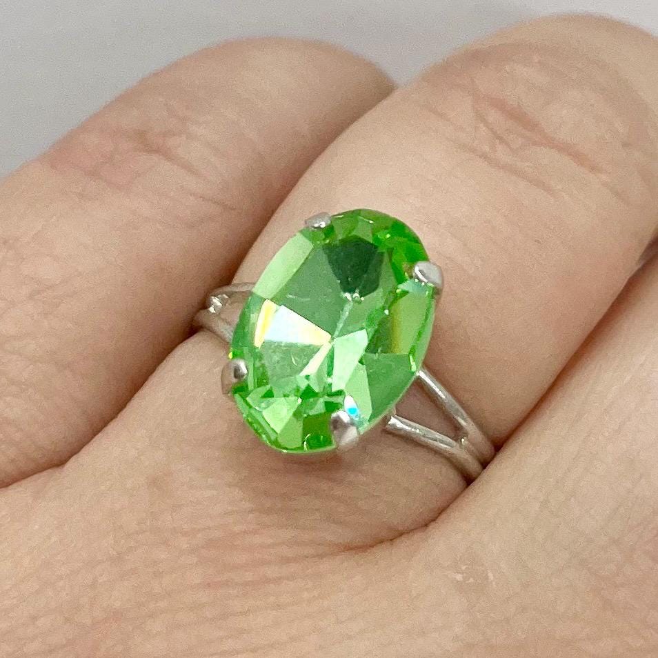 Silver Plate Green Uranium Glass Oval Cut Crystal Solitaire Ring with a UV Reactive Glow Adjustable Size TheGreenGlassGemShop