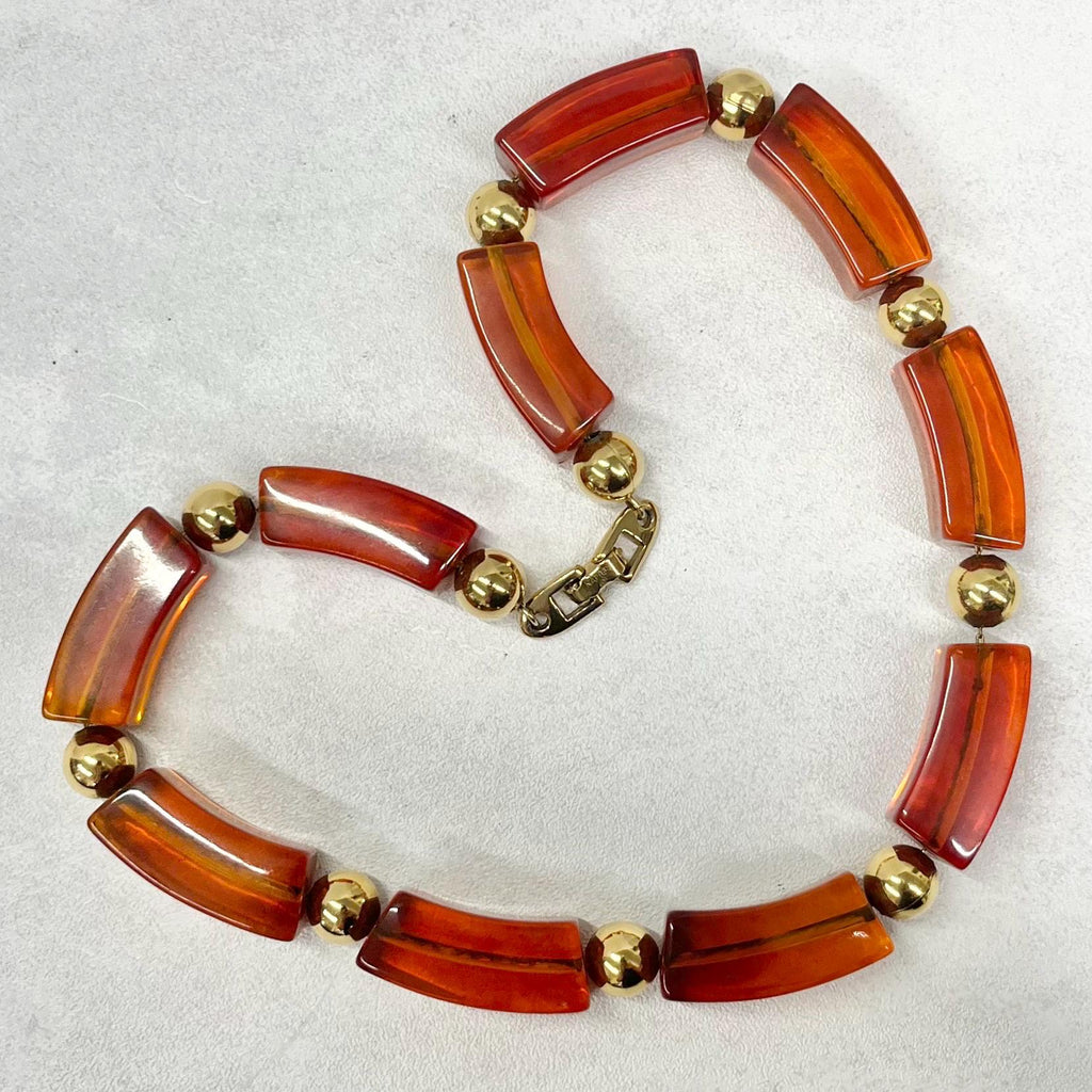 Vintage Amber Acrylic Chunky Curved Collar Napier Necklace 16” Gold Tone TheGreenGlassGemShop