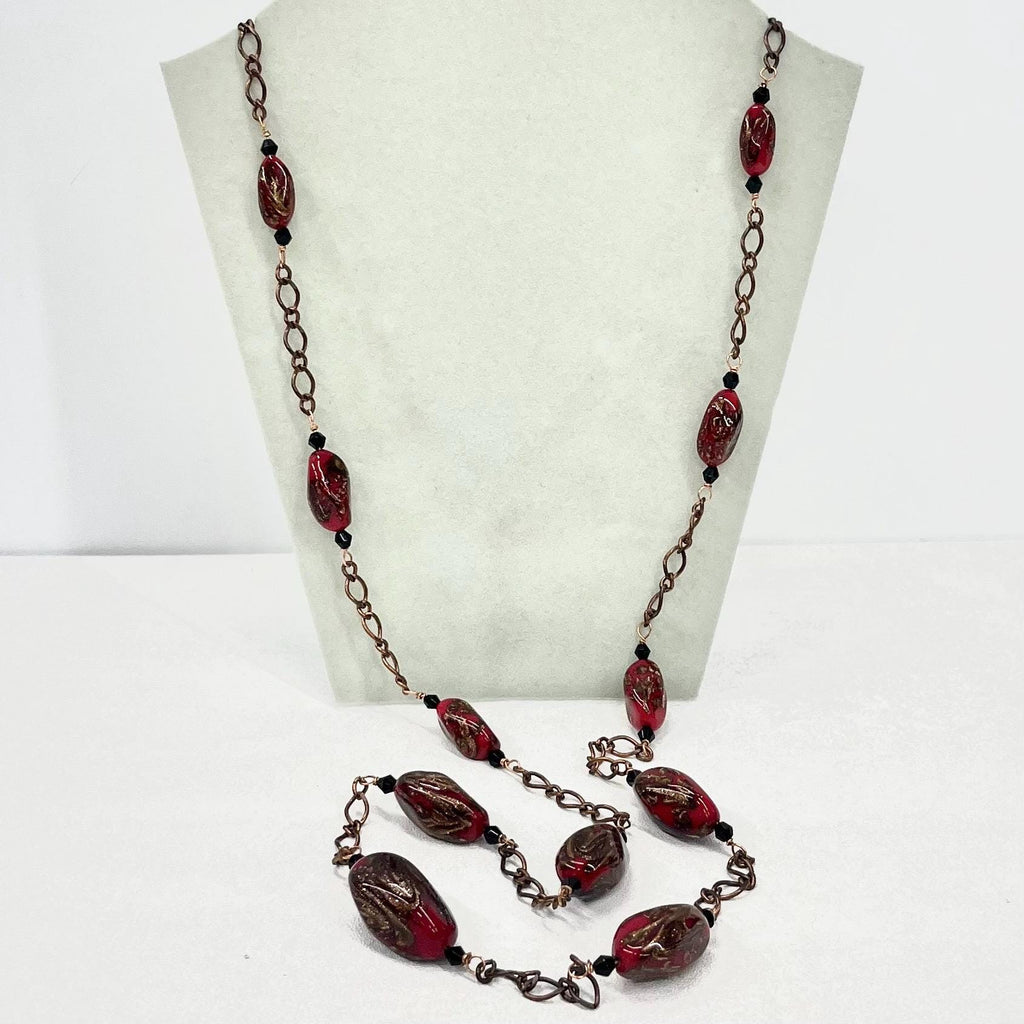 Vintage Red & Gold Aventurine Glass Bead Necklace 38” Long Handmade Lampwork Beads Copper Accents TheGreenGlassGemShop