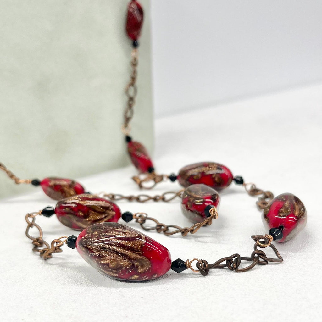 Vintage Red & Gold Aventurine Glass Bead Necklace 38” Long Handmade Lampwork Beads Copper Accents TheGreenGlassGemShop