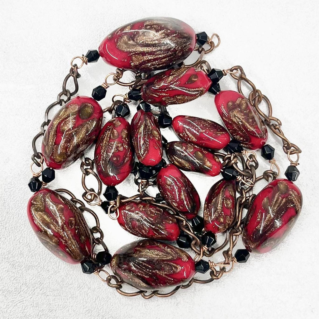 Vintage Red & Gold Aventurine Glass Bead Necklace 38” Long Handmade Lampwork Beads Copper Accents TheGreenGlassGemShop