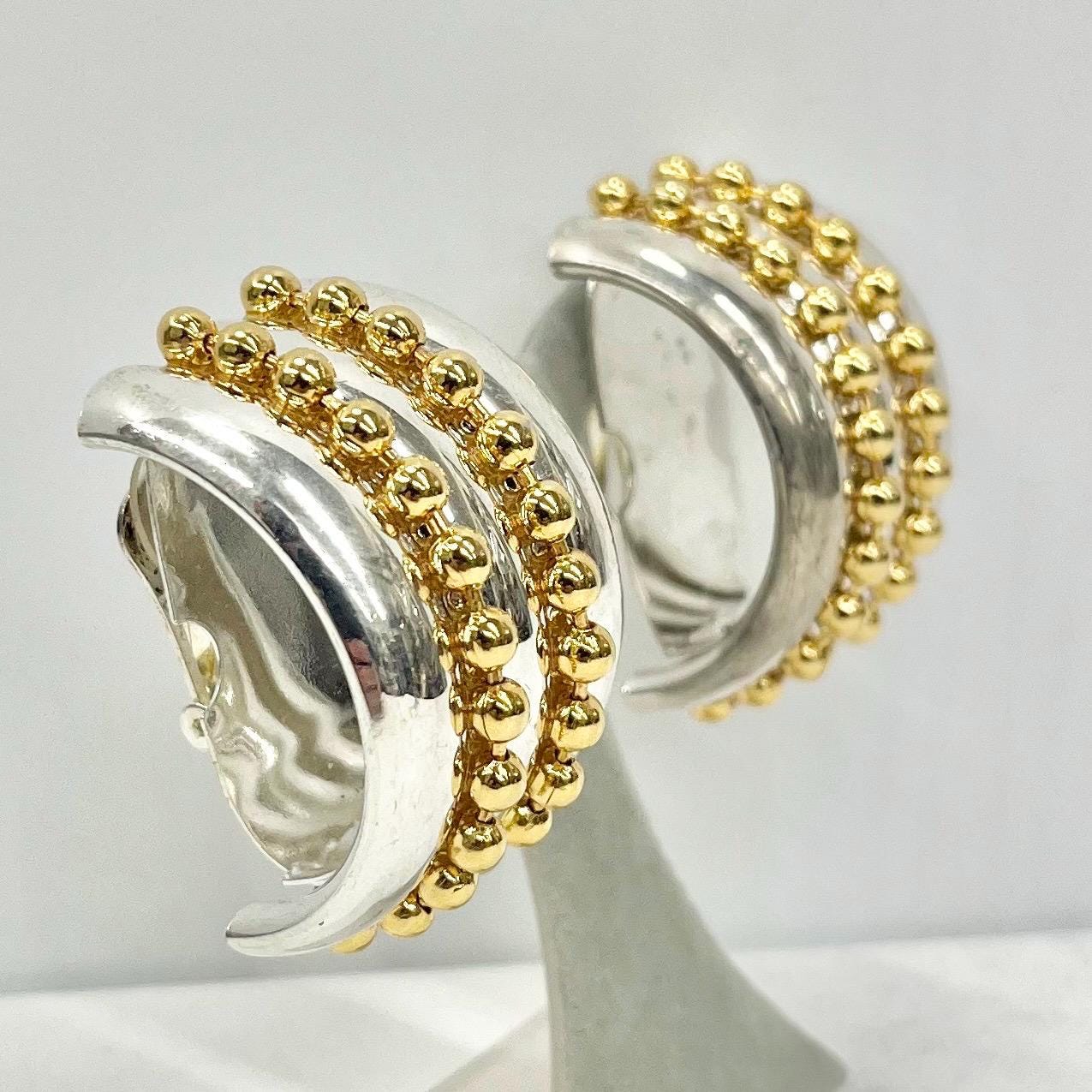 Vintage Gold & Silver Plate Oversized Half Hoop Clip On Earrings Hollywood Glamour Statement Earrings TheGreenGlassGemShop