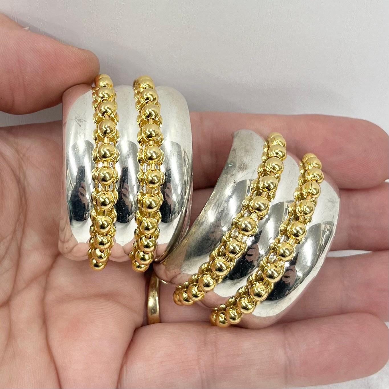 Vintage Gold & Silver Plate Oversized Half Hoop Clip On Earrings Hollywood Glamour Statement Earrings TheGreenGlassGemShop