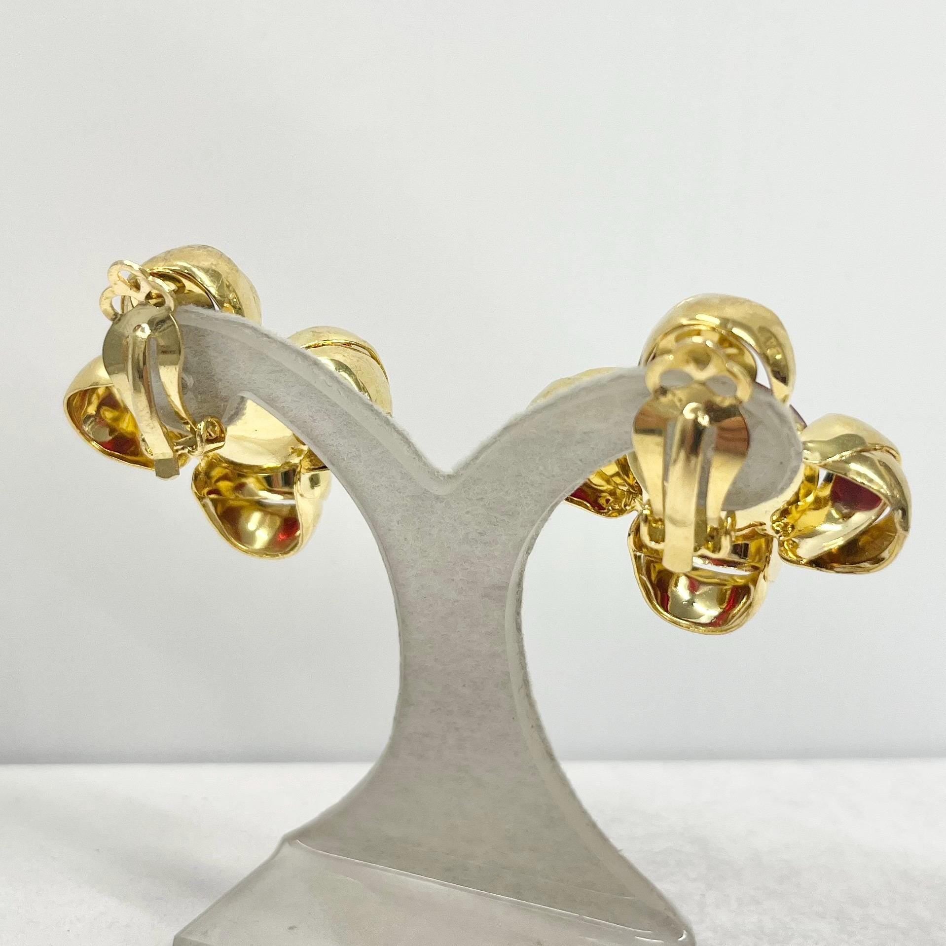 Vintage Gold Plate Oversized Red Centered Flower Clip On Earrings Hollywood Glamour Statement Earrings TheGreenGlassGemShop