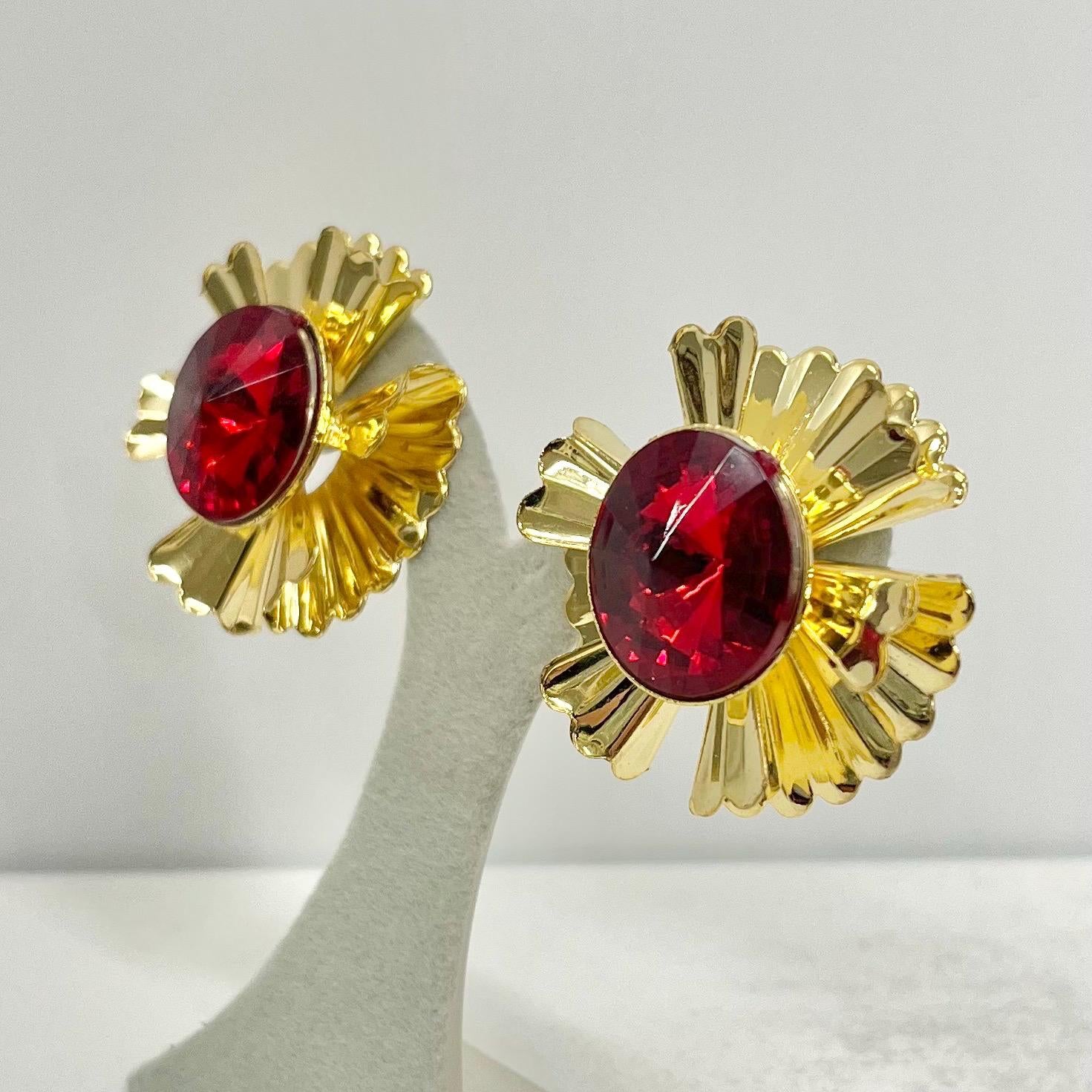 Vintage Gold Plate Oversized Red Centered Starburst Flower Clip On Earrings Hollywood Glamour Statement Earrings TheGreenGlassGemShop
